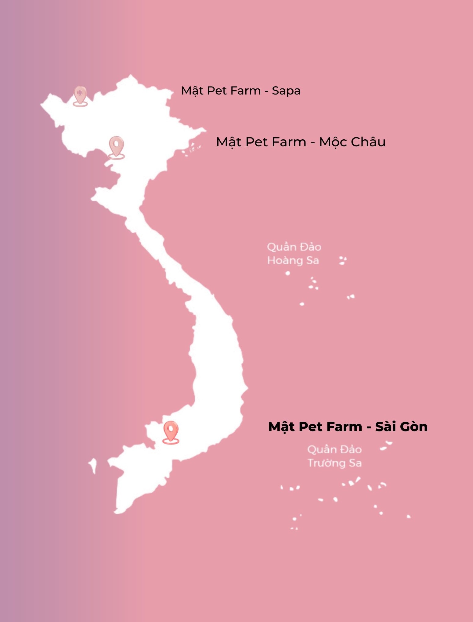 Bản đồ 3 chi nhánh Mật Pet Farm: Sapa · Mộc Châu · Sài Gòn